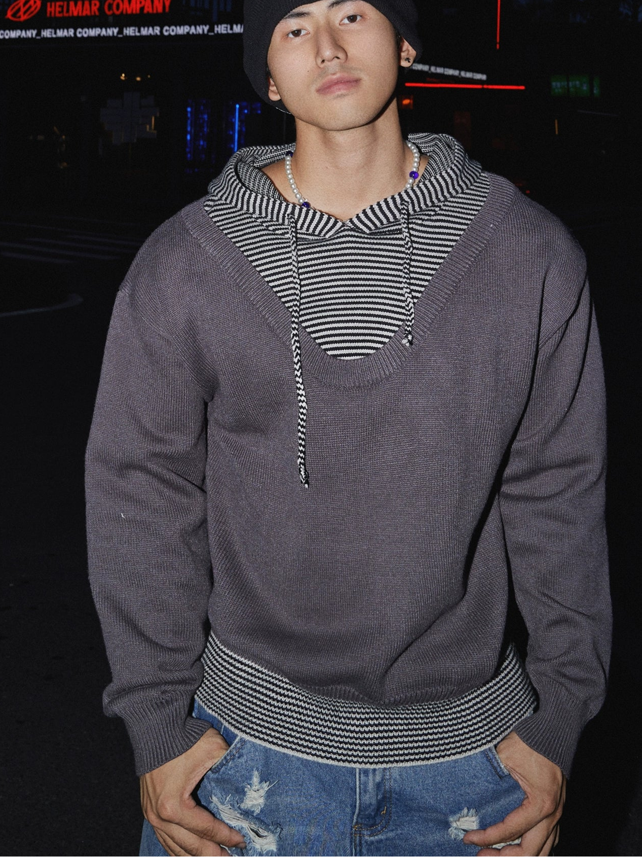 Layered Contrast Stripe Hoodie Sweater