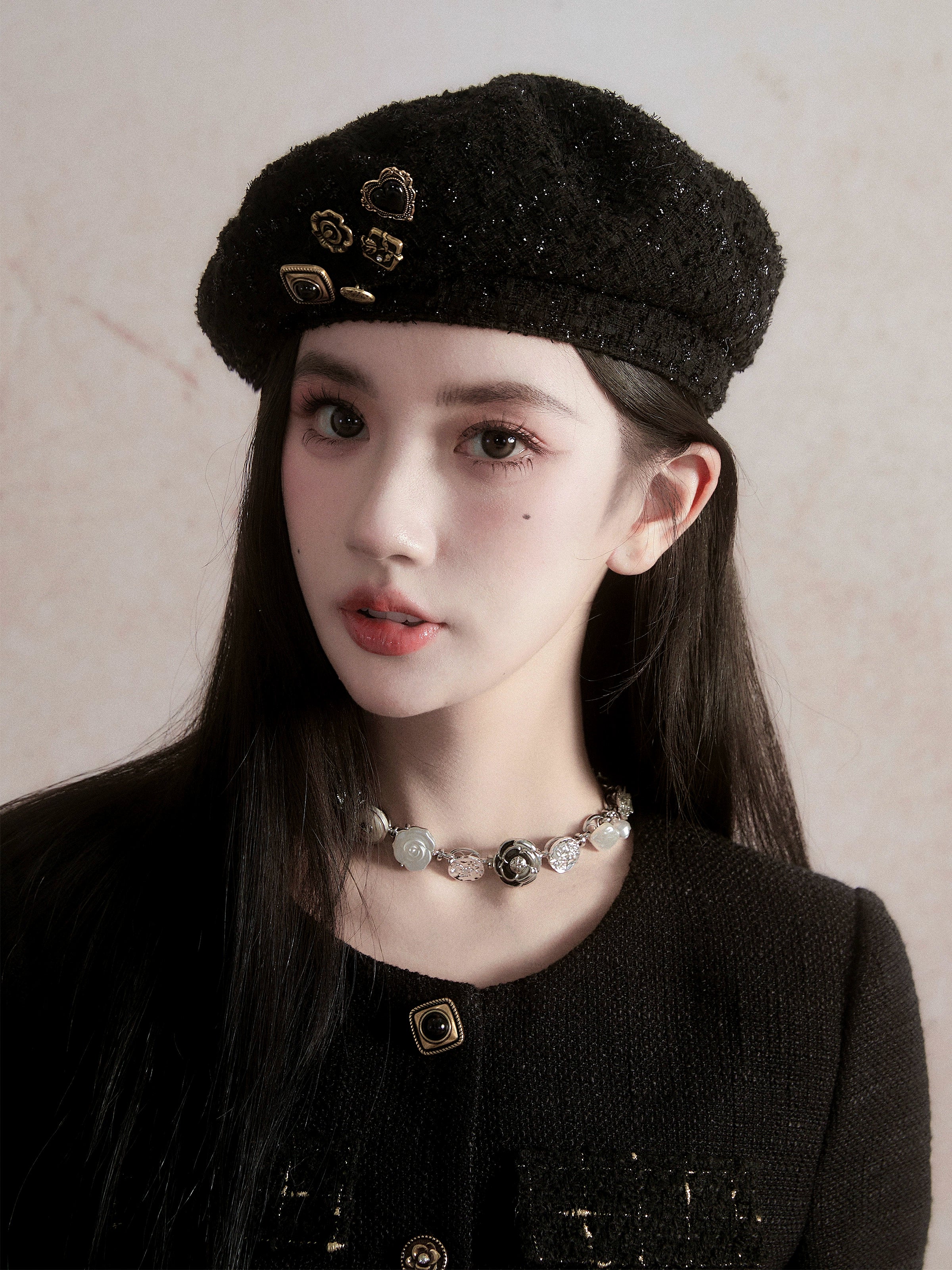 Black Wool Beret with Pin Accessories