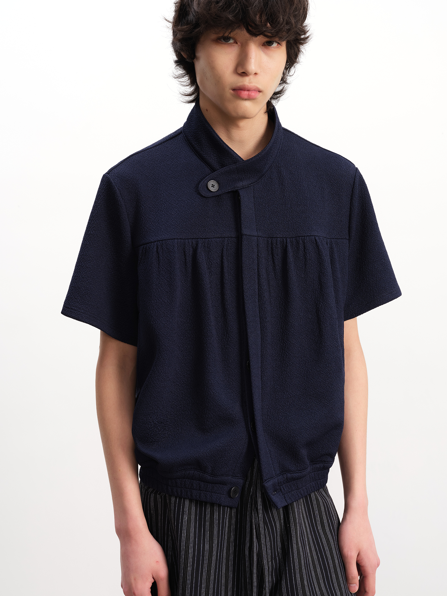 Textured Short-Sleeve Stand-Collar Shirt