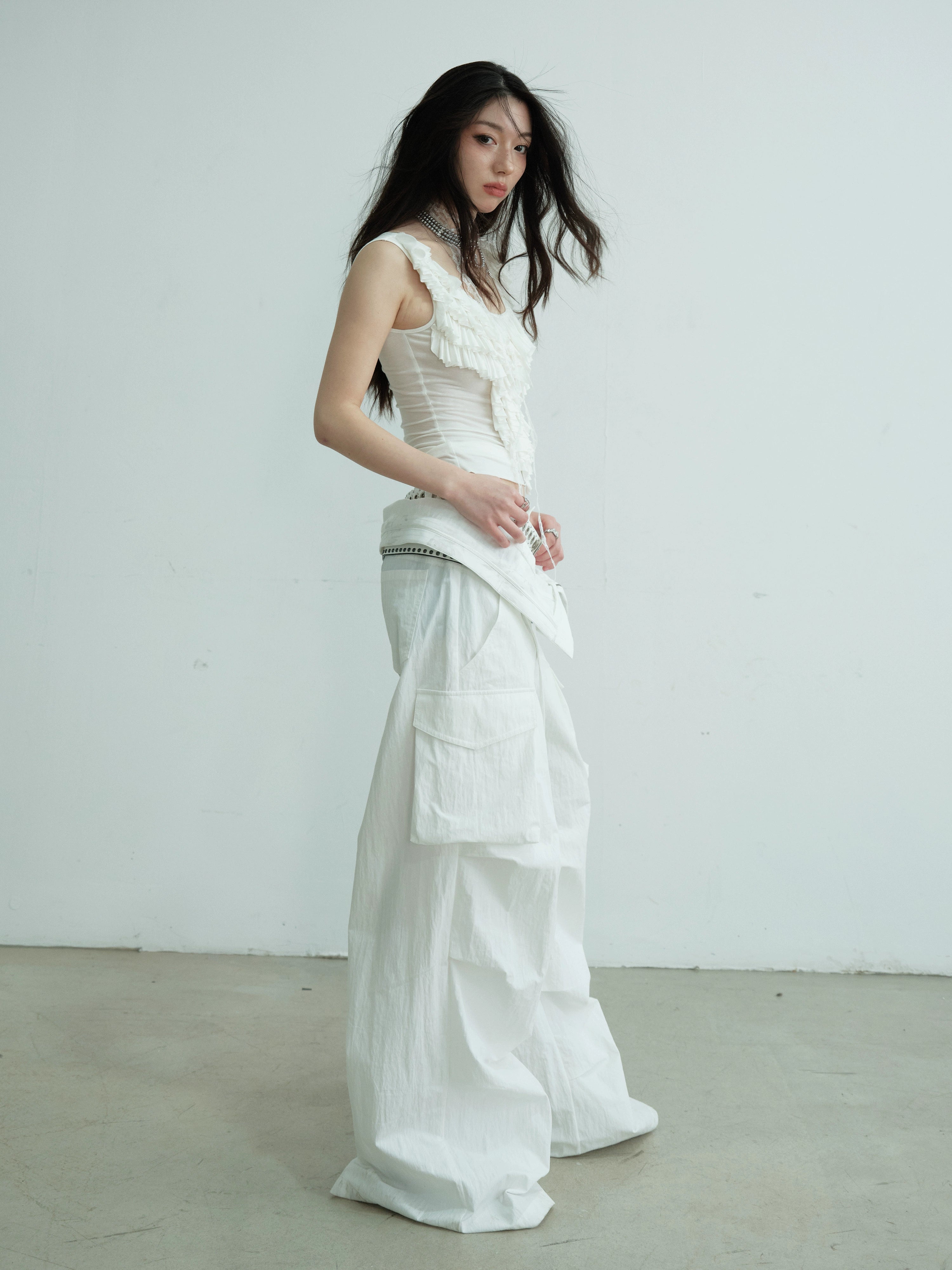 Ruffled Lace Cap Sleeve White Top
