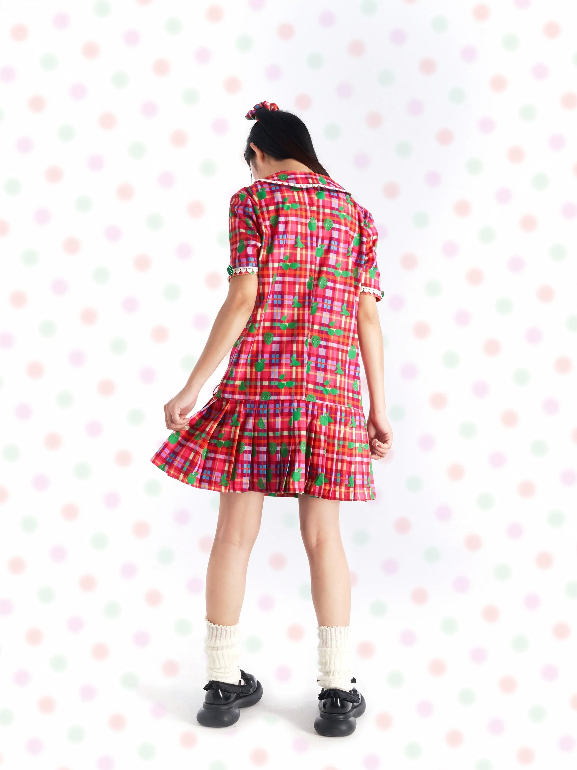 Pink Plaid Apple Print Pleated Dress