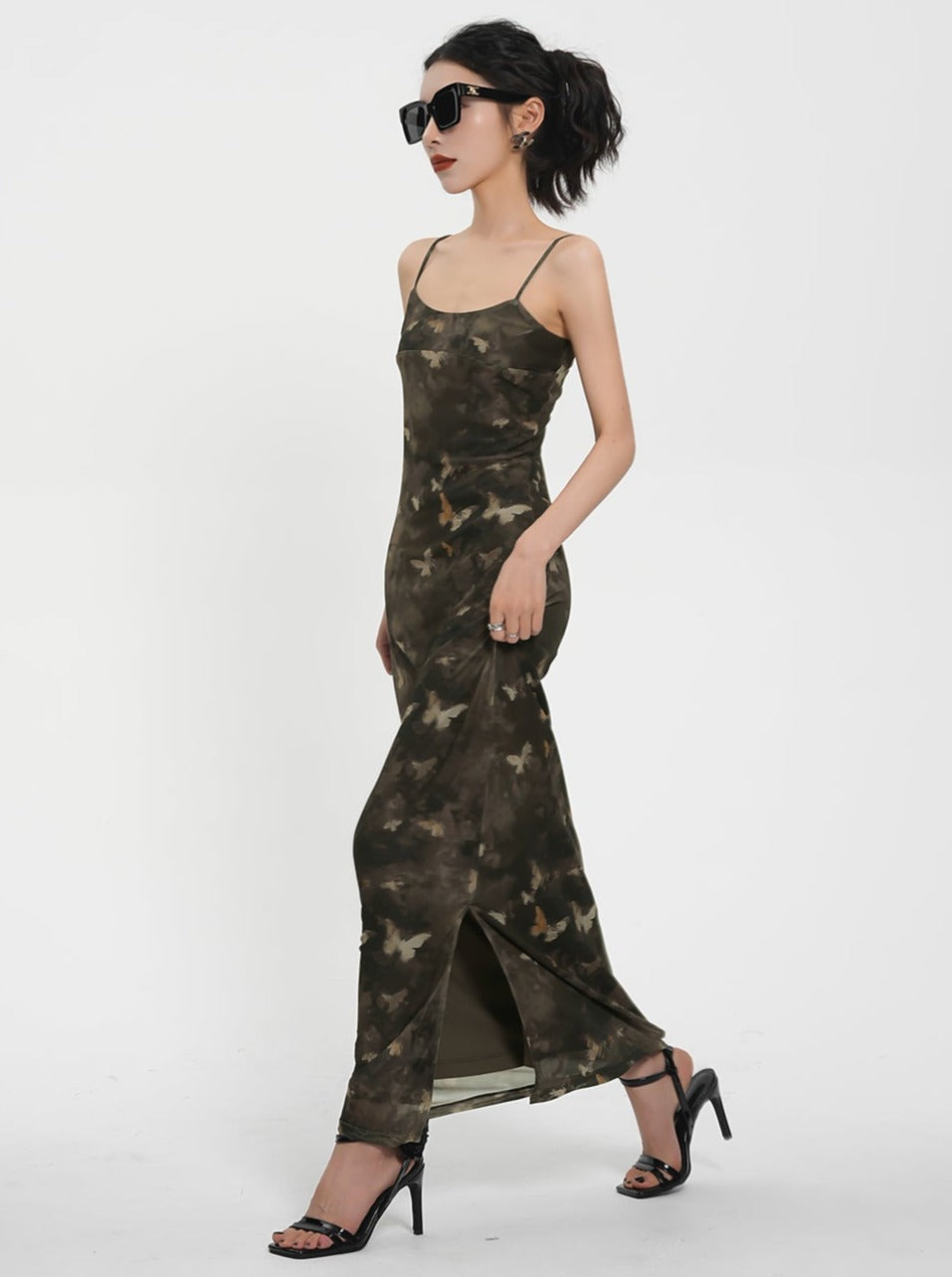 Tarndruck Maxi Slip -Kleid - Spaghetti -Gurtseite Schlitz -Camo -Kleid