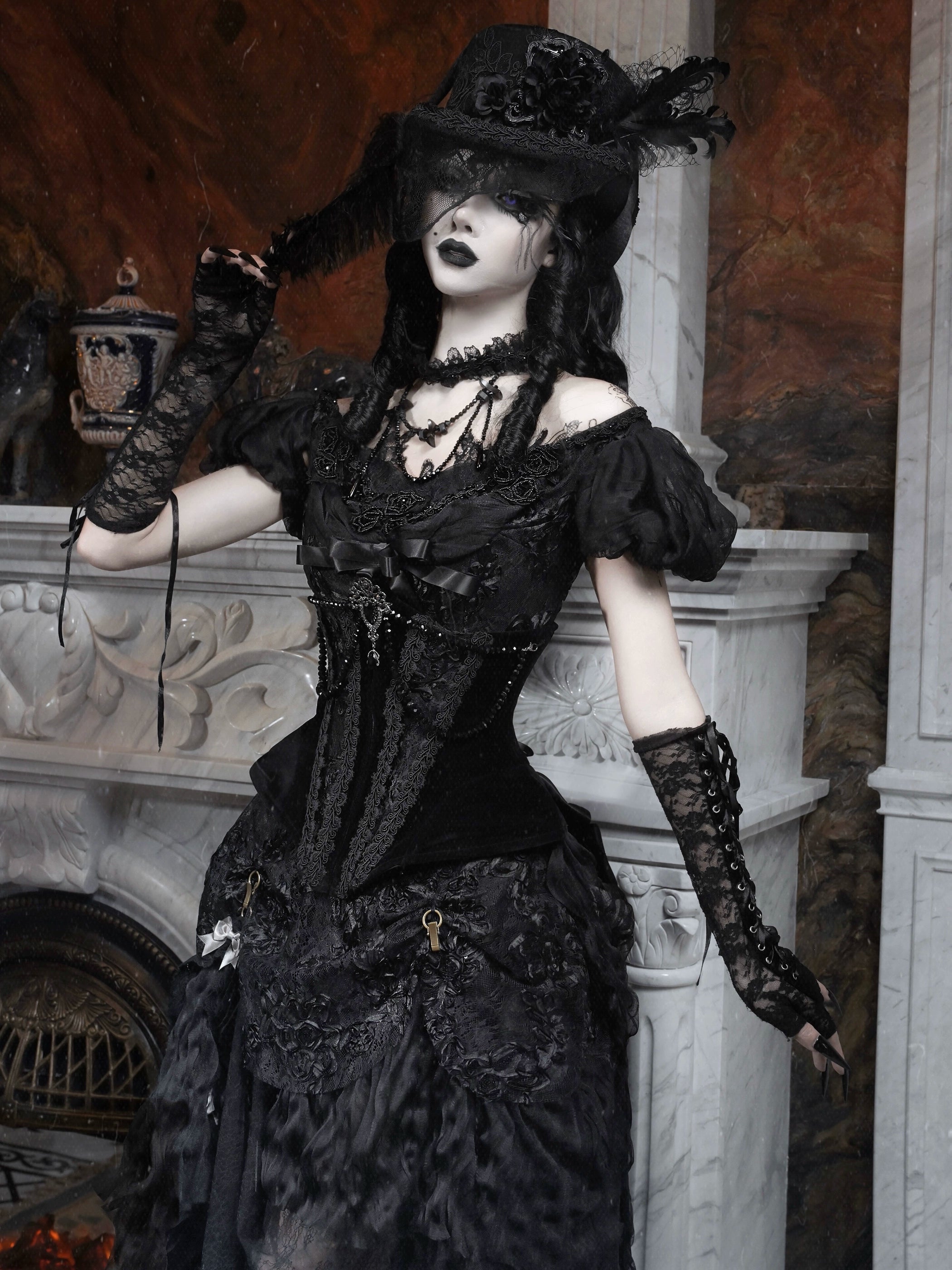 Gothic Black Lace Puff Sleeve Corset Top