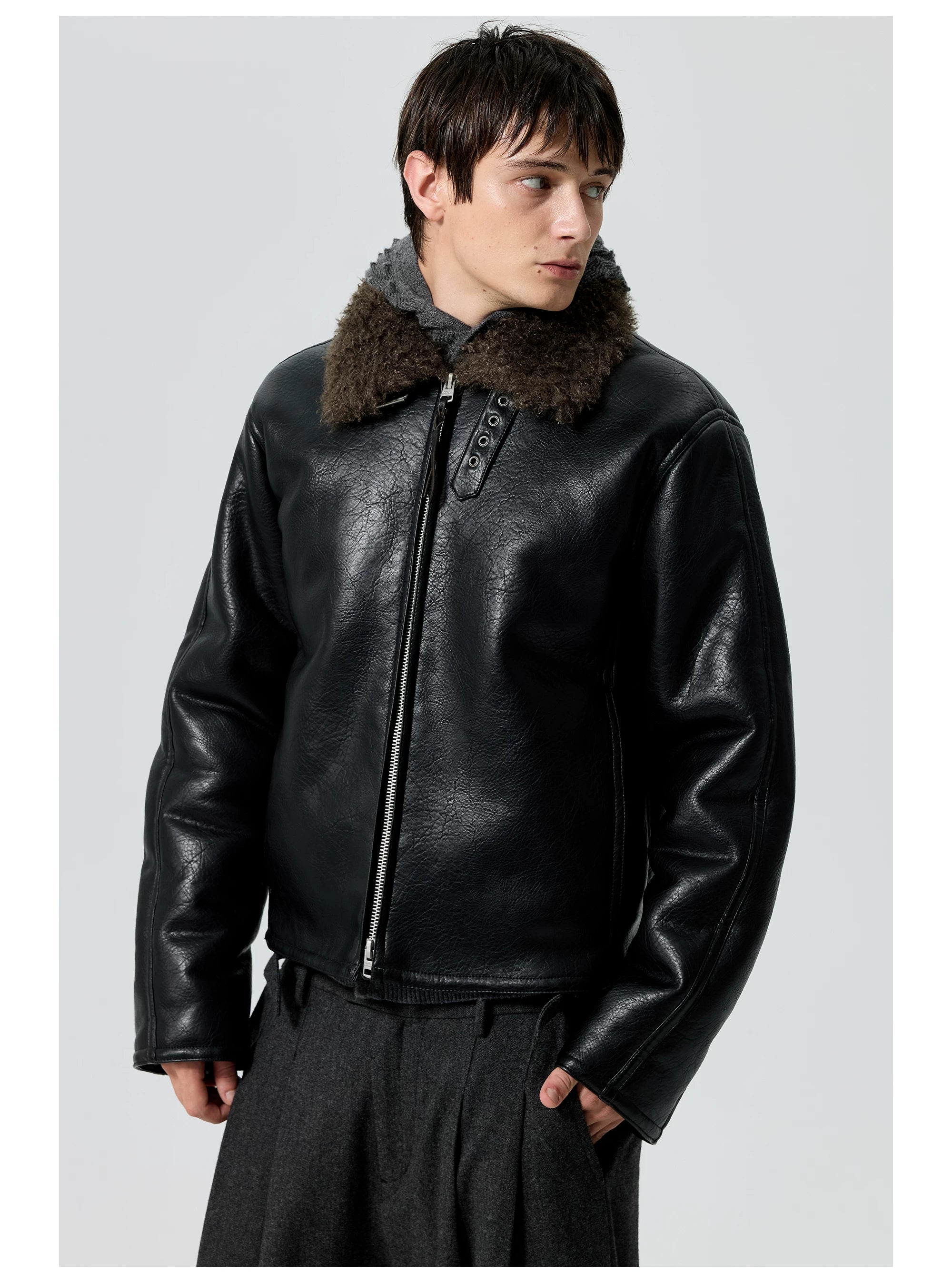 Oversized Faux Leather Jacket with Shearling Collar