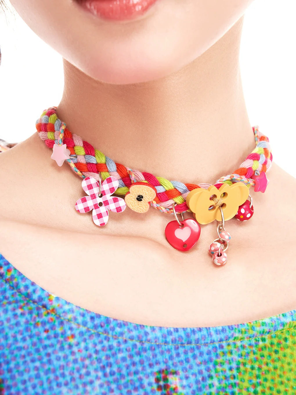 Rainbow Braided Charm Choker Necklace