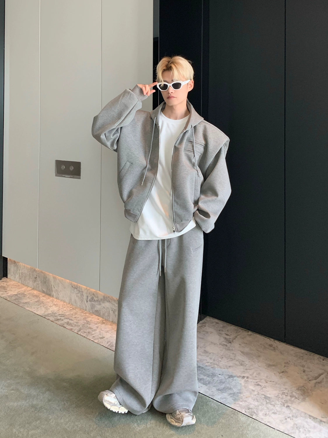 Shoulder-Padded Hoodie Jacket with Straight-Leg Pants Two-Piece Set