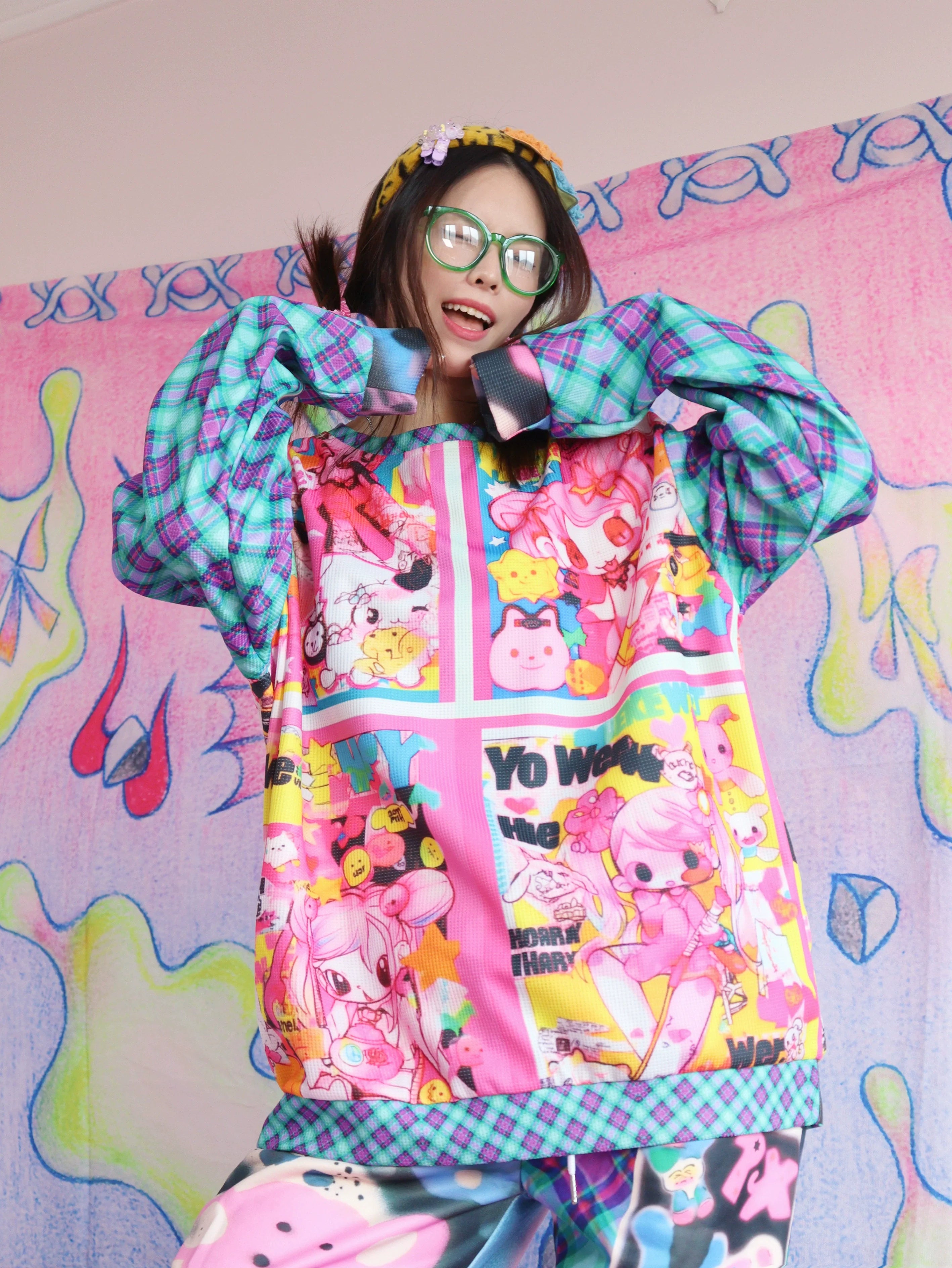Kawaii Plaid Print Oversized Sweater