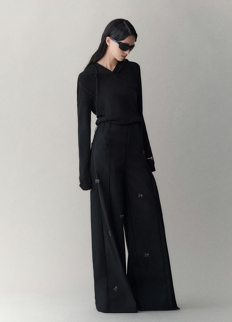 Embroidered Embellished Wide-Leg Trousers