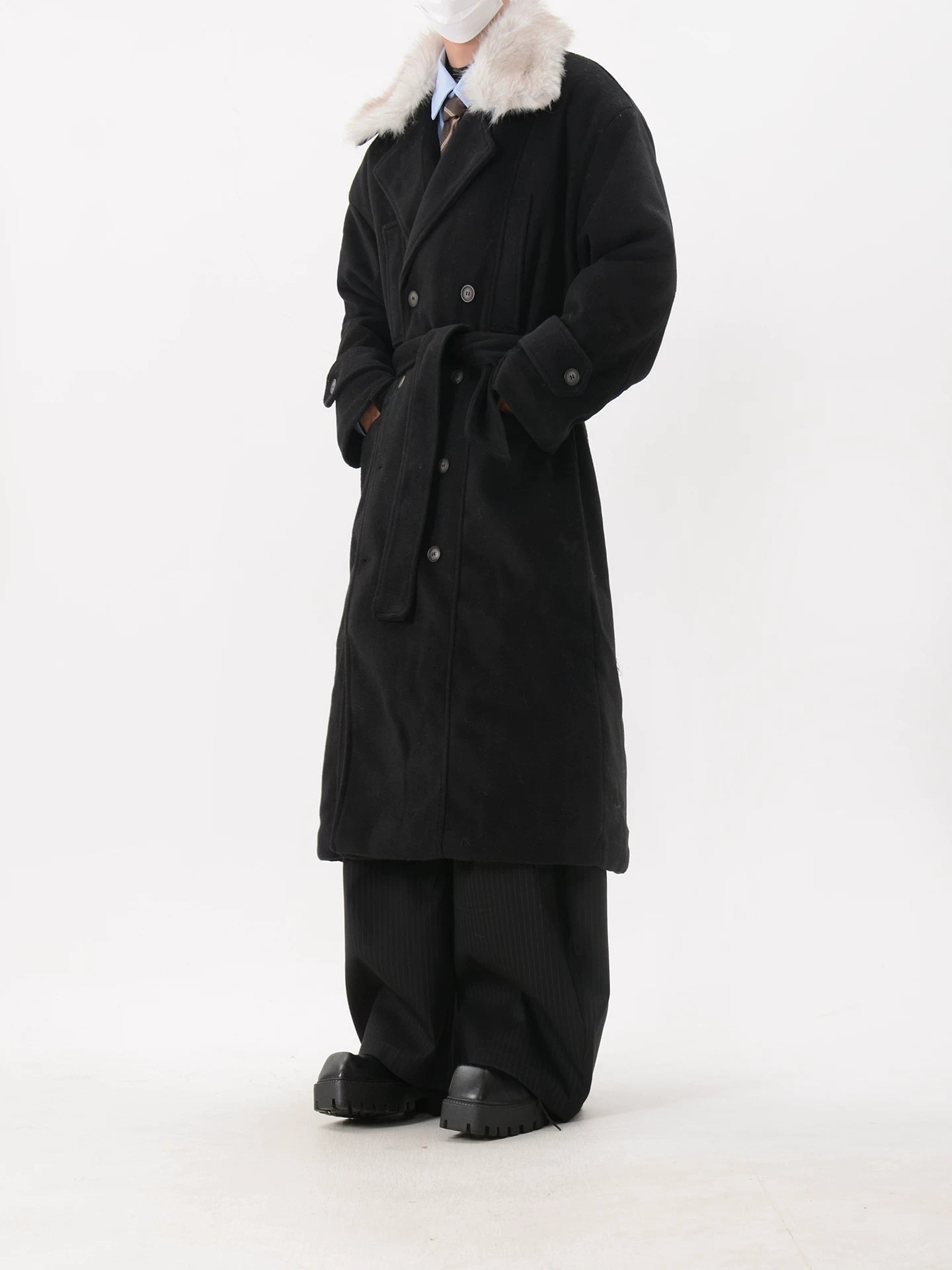 Black Faux Fur Collar Belted Long Coat