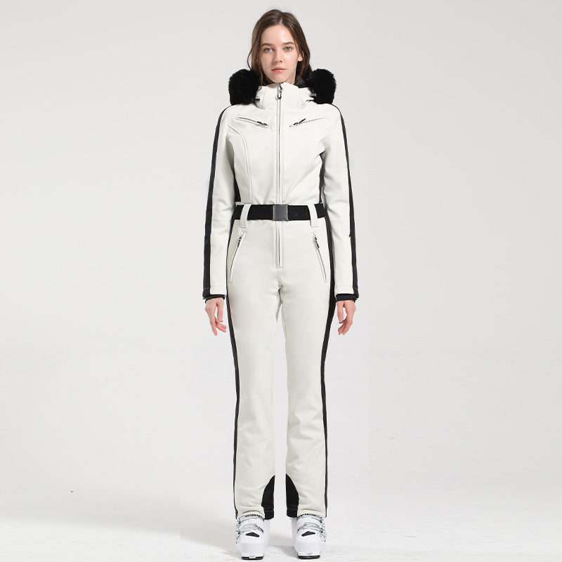 Belted One-Piece Ski Suits with Fur Hoods