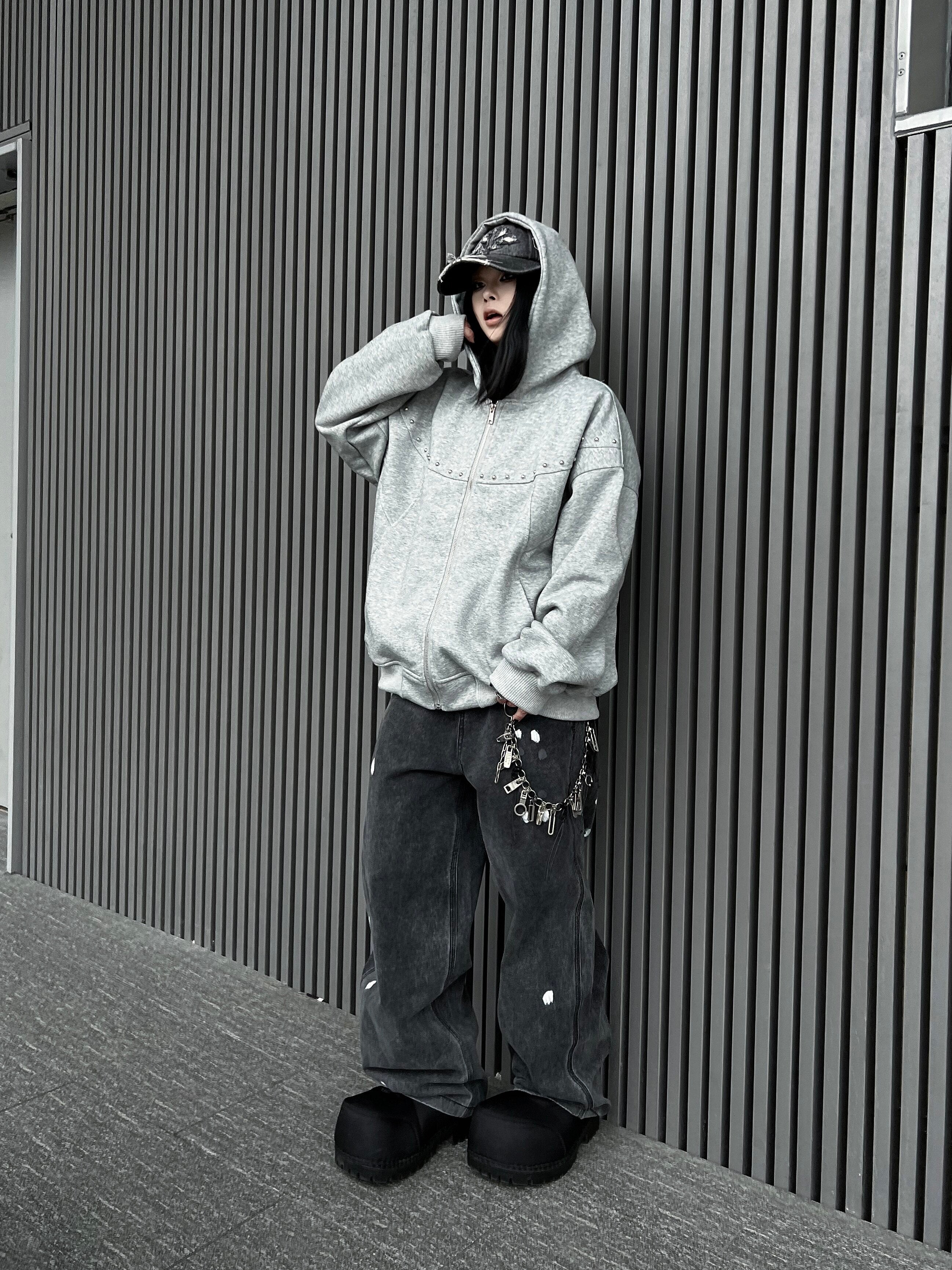 Men's Studded Oversized Zip-Up Hoodie