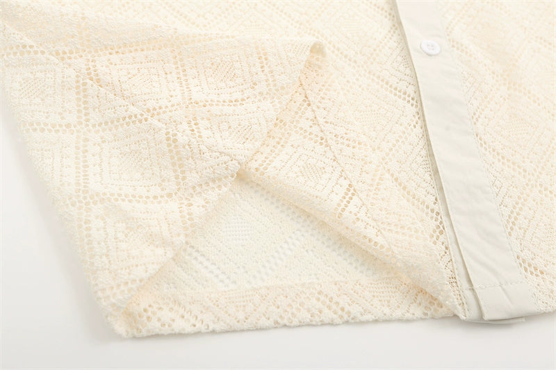 Sheer Geometric Lace Button-Up Shirt