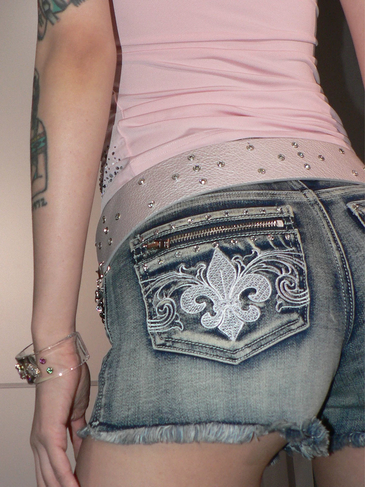 Rogue Crest Studded Cutoff Denim Shorts