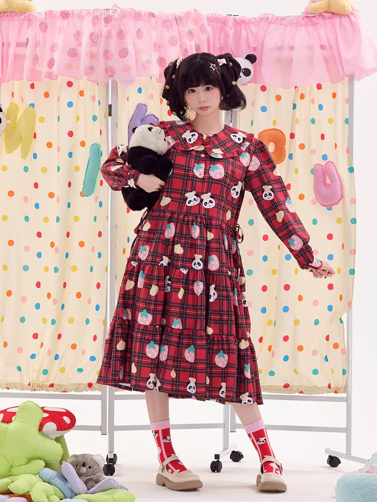 Plaid Panda Print Collared Lolita Dress
