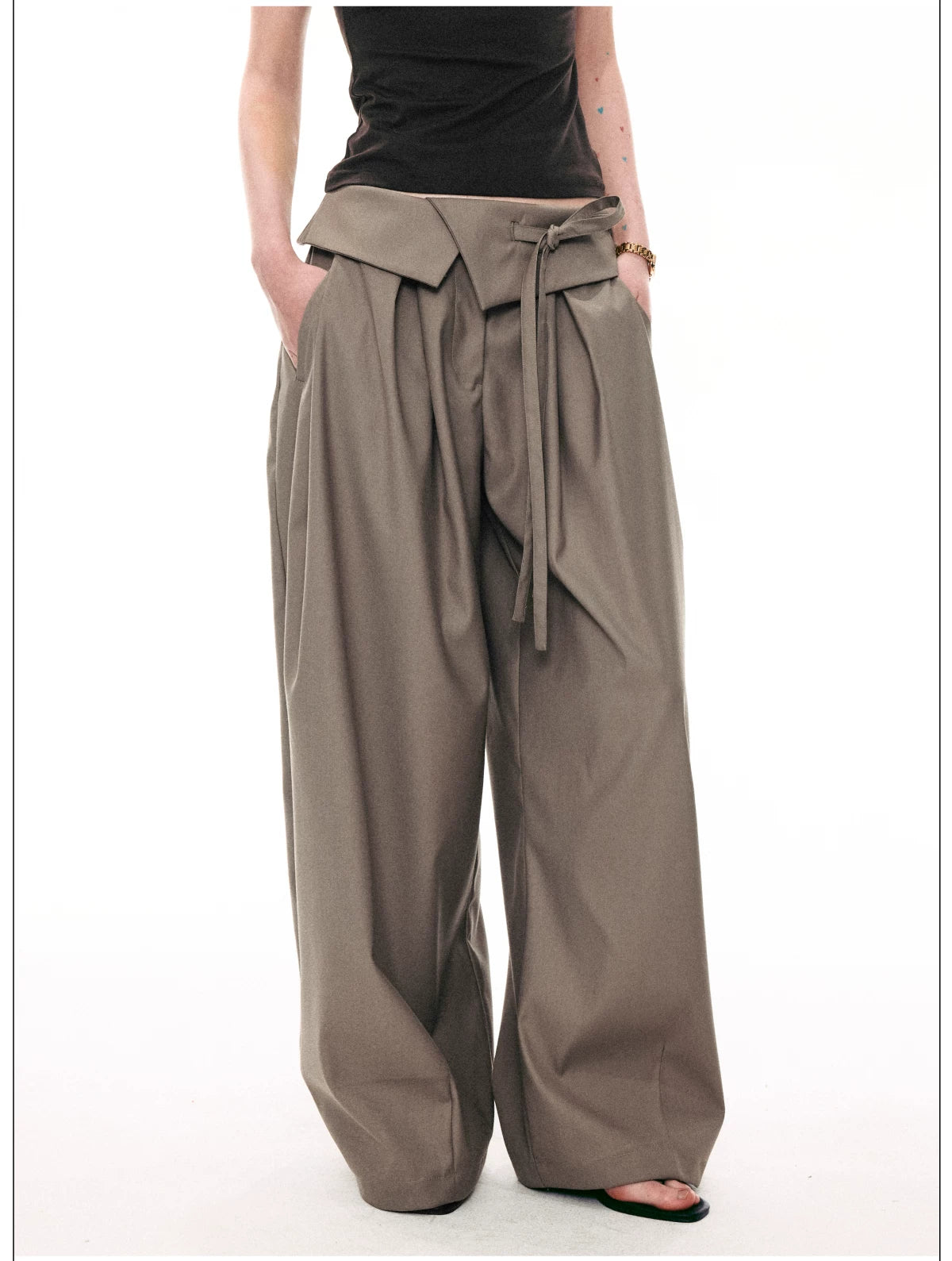Foldover Tie-Waist Wide Trousers