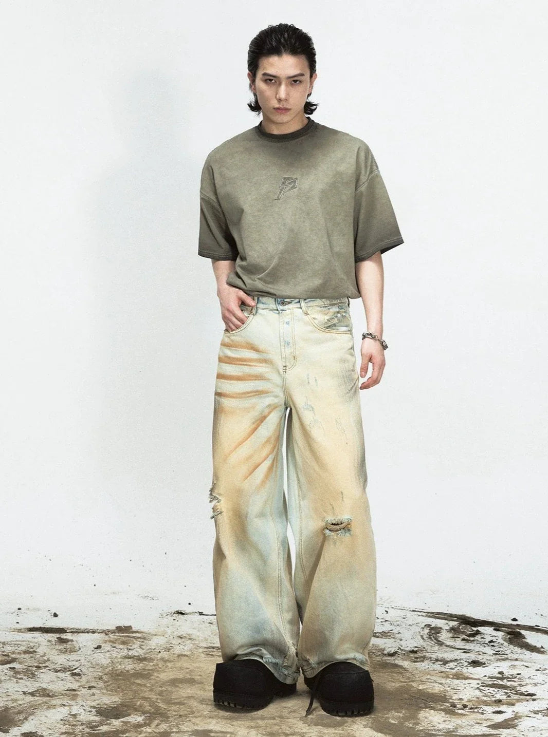 Men's Retro Ripped Yellow Denim Pants