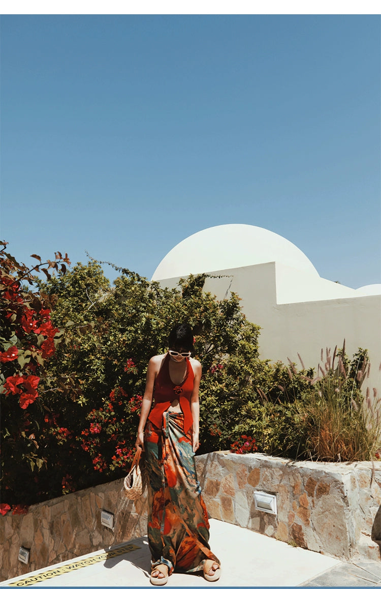 Abstract Print Tie Waist Maxi Skirt