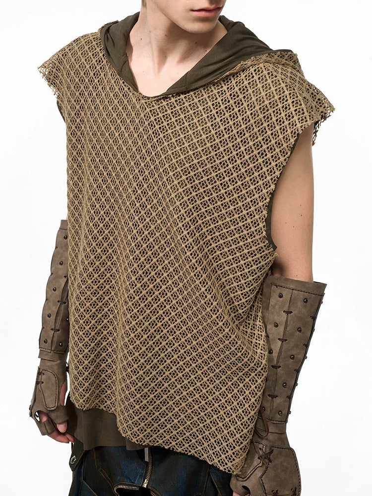 Black Mesh Sleeveless Hoodie with Textured Pattern