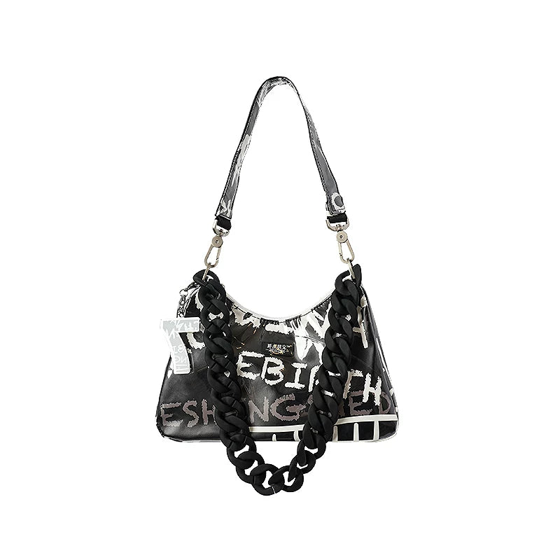 Graffiti Chain Crescent Shoulder Bag - Black Graffiti