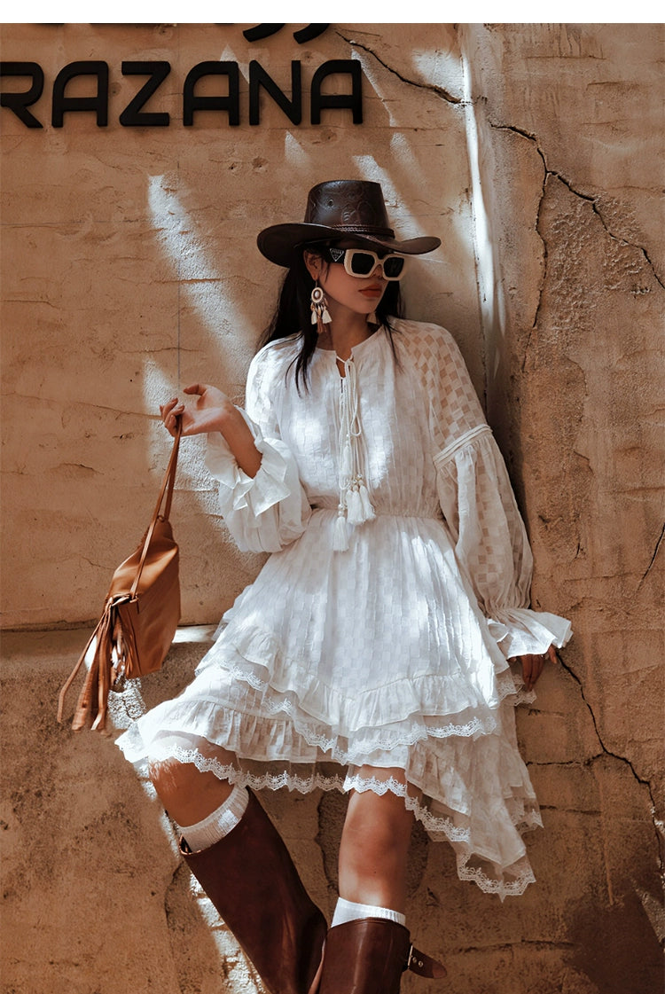 White Ruffle Long Sleeve Dress