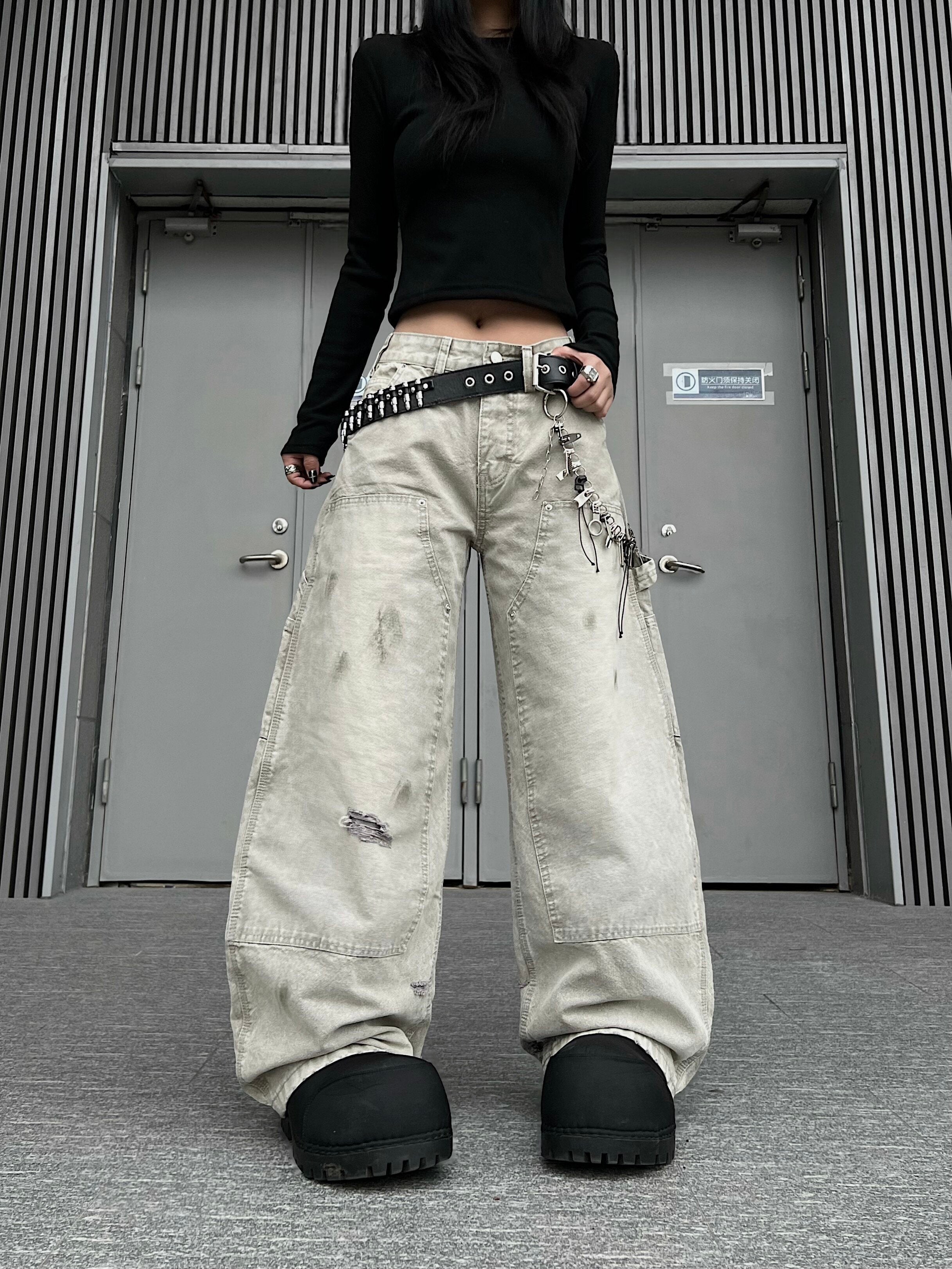 Men's Distressed Washed Wide-Leg Cargo Jeans