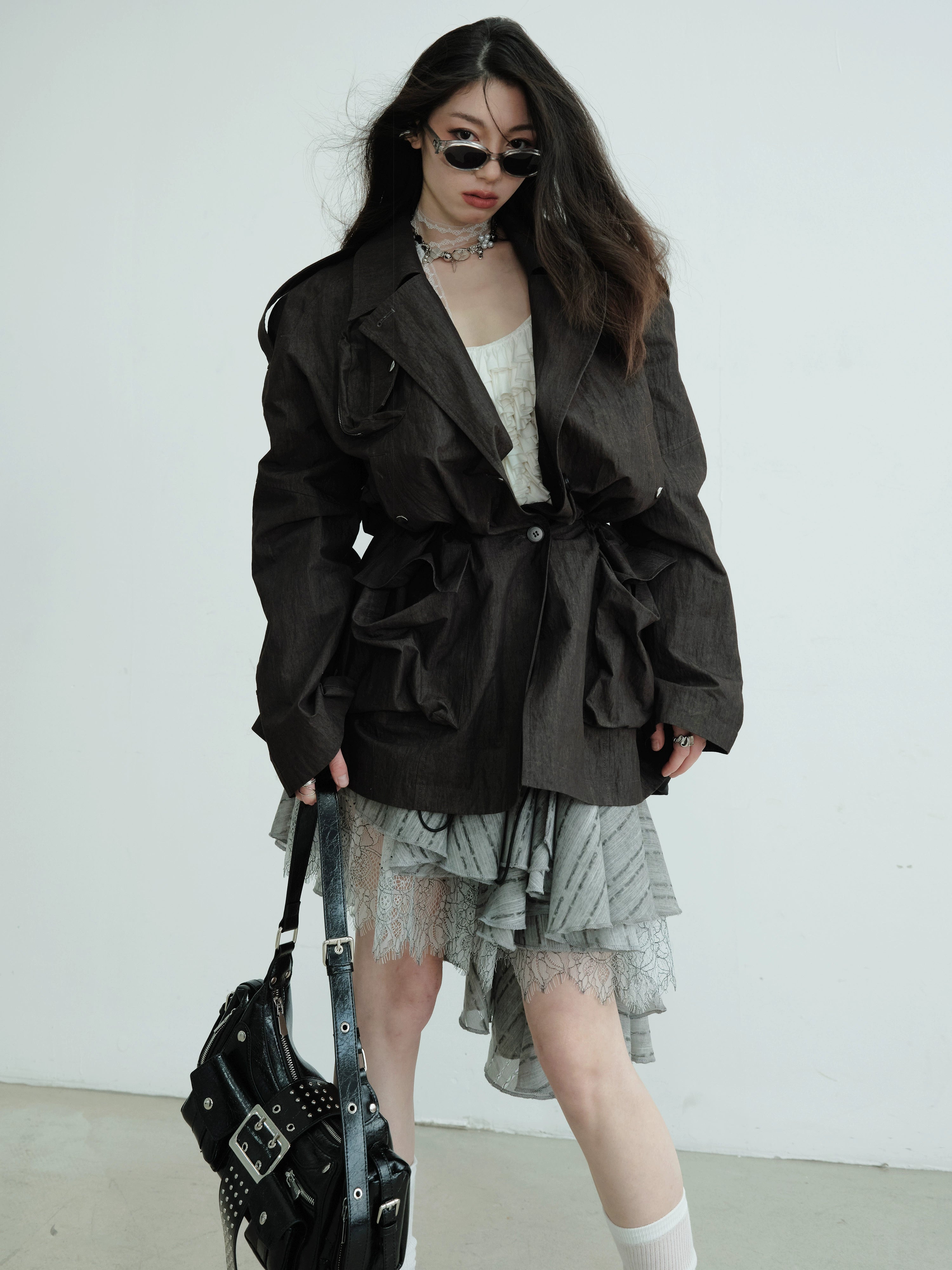 Belted Utility Pocket Military Jacket Black