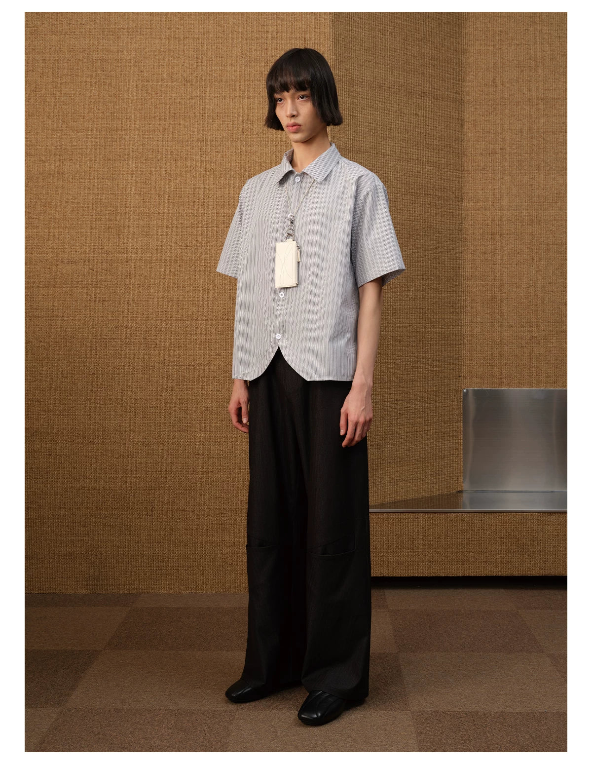 Pinstripe Short-Sleeve Curved-Hem Shirt