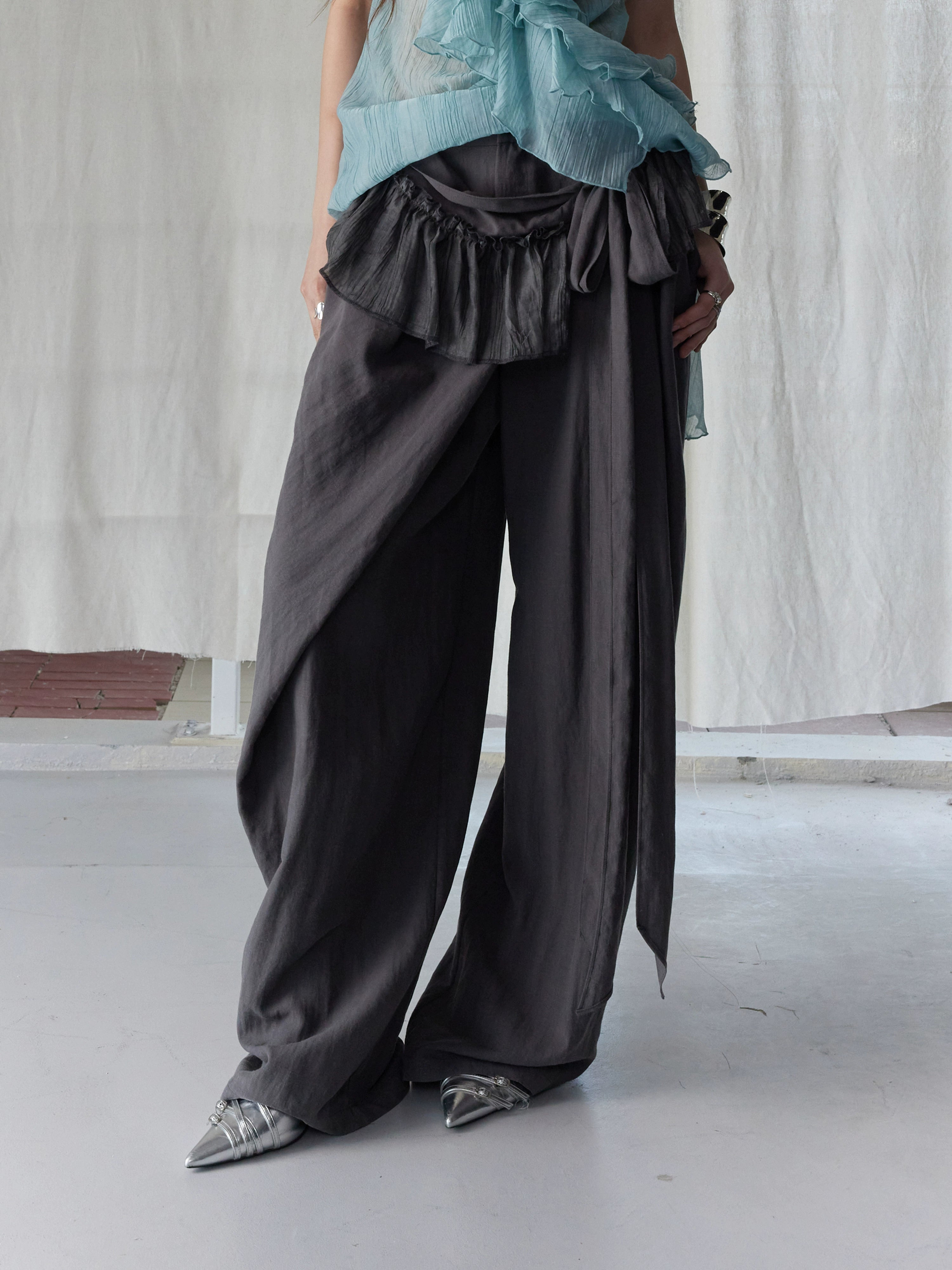Ruffle Waist Wide-Leg Palazzo Pants
