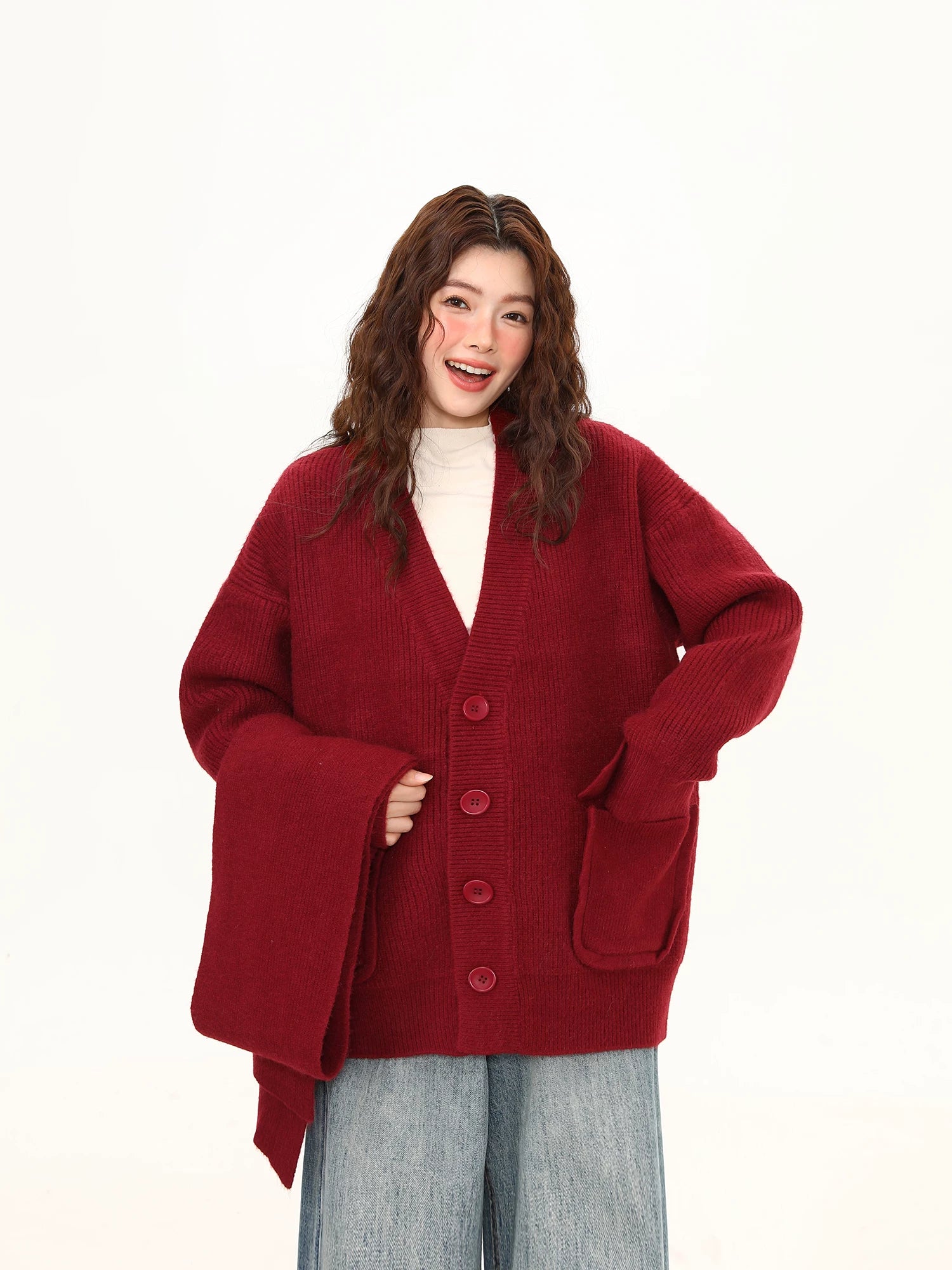 Crimson Cocoon Knit Scarf-Cardigan