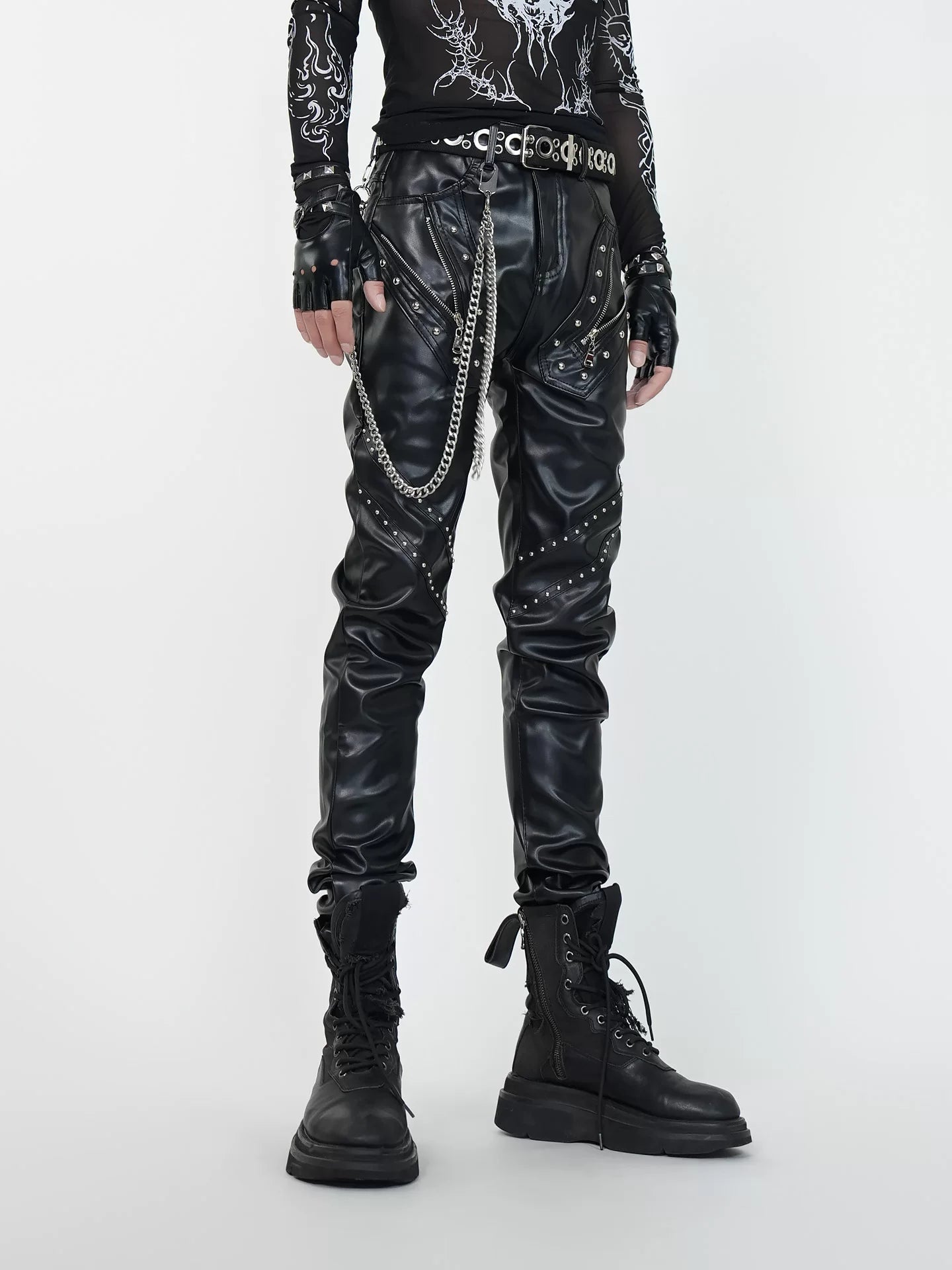 Night Raid Rivet‑Chain Leather Pants