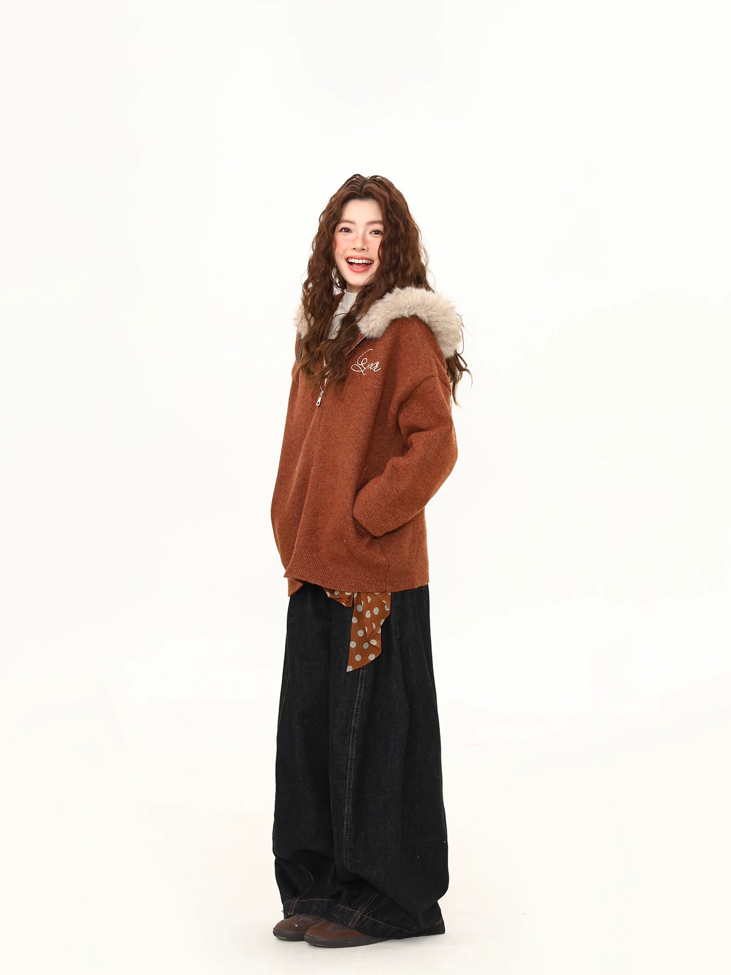 Chestnut Fluff Trim Zip Hoodie Jacket