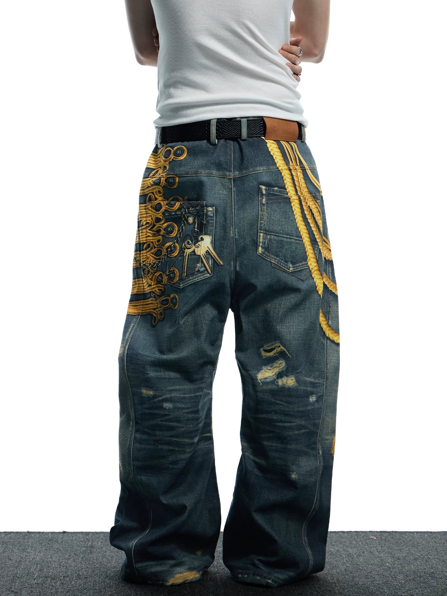 Baroque Military Embroidered Distressed Wide-Leg Jeans