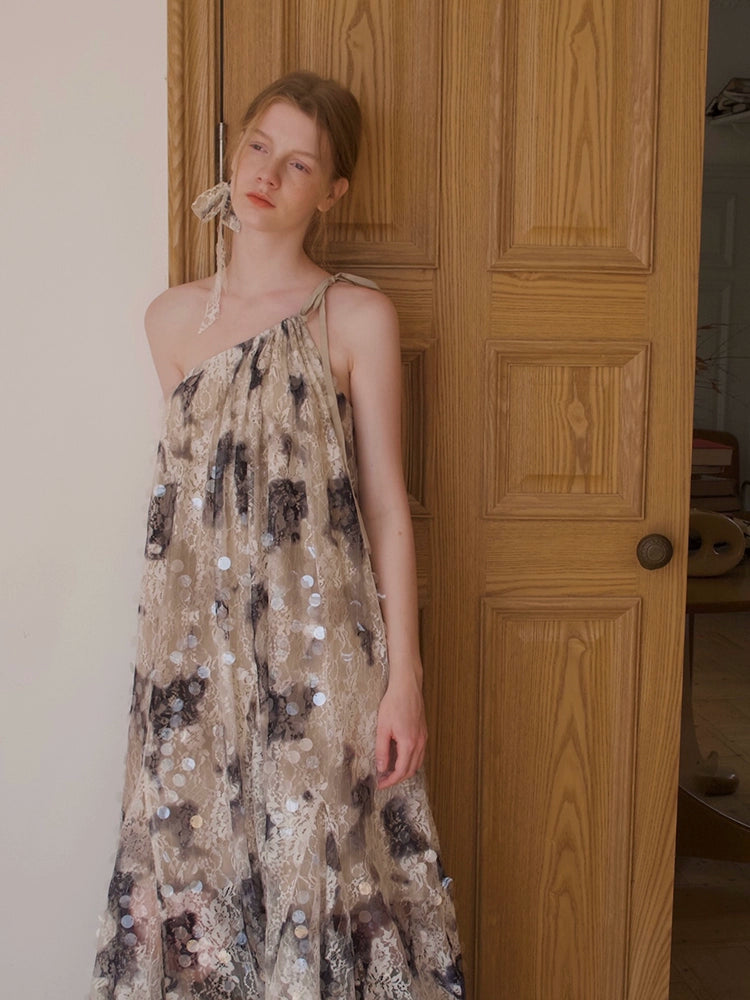 Sequin Embellished Sheer Lace One-Shoulder Maxi Dress