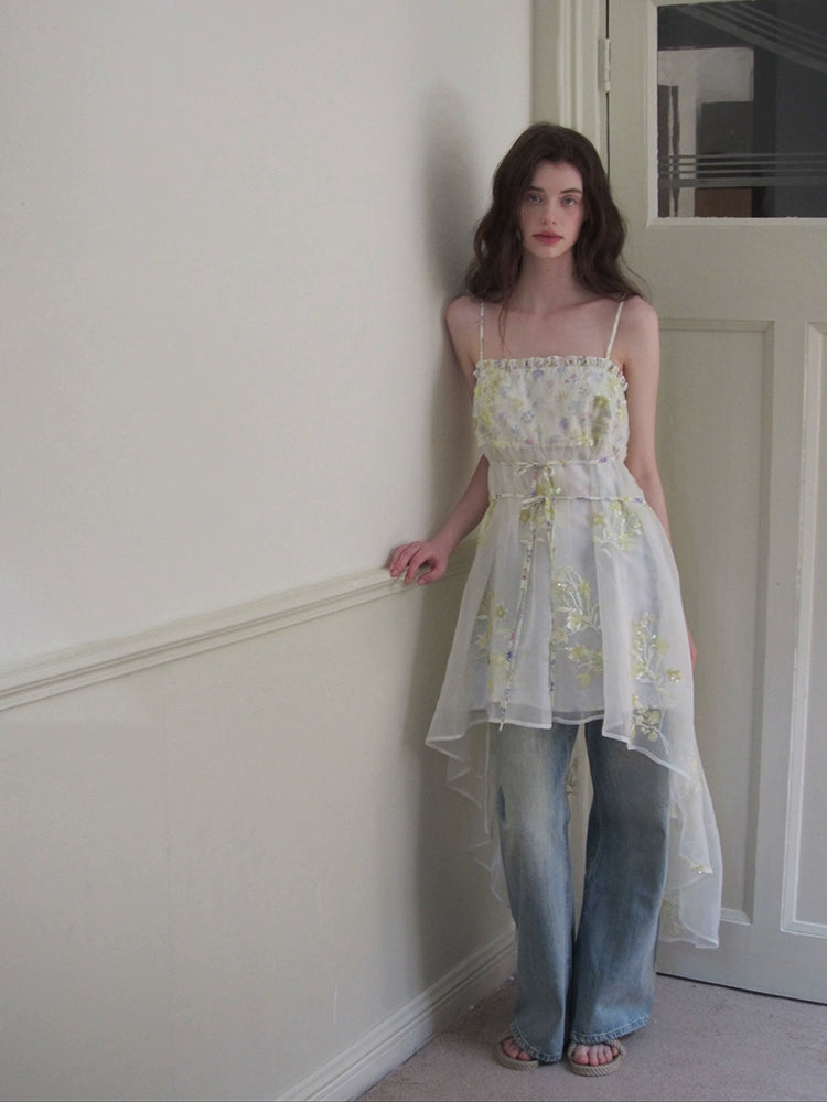 Floral Embroidered Tulle Midi Dress