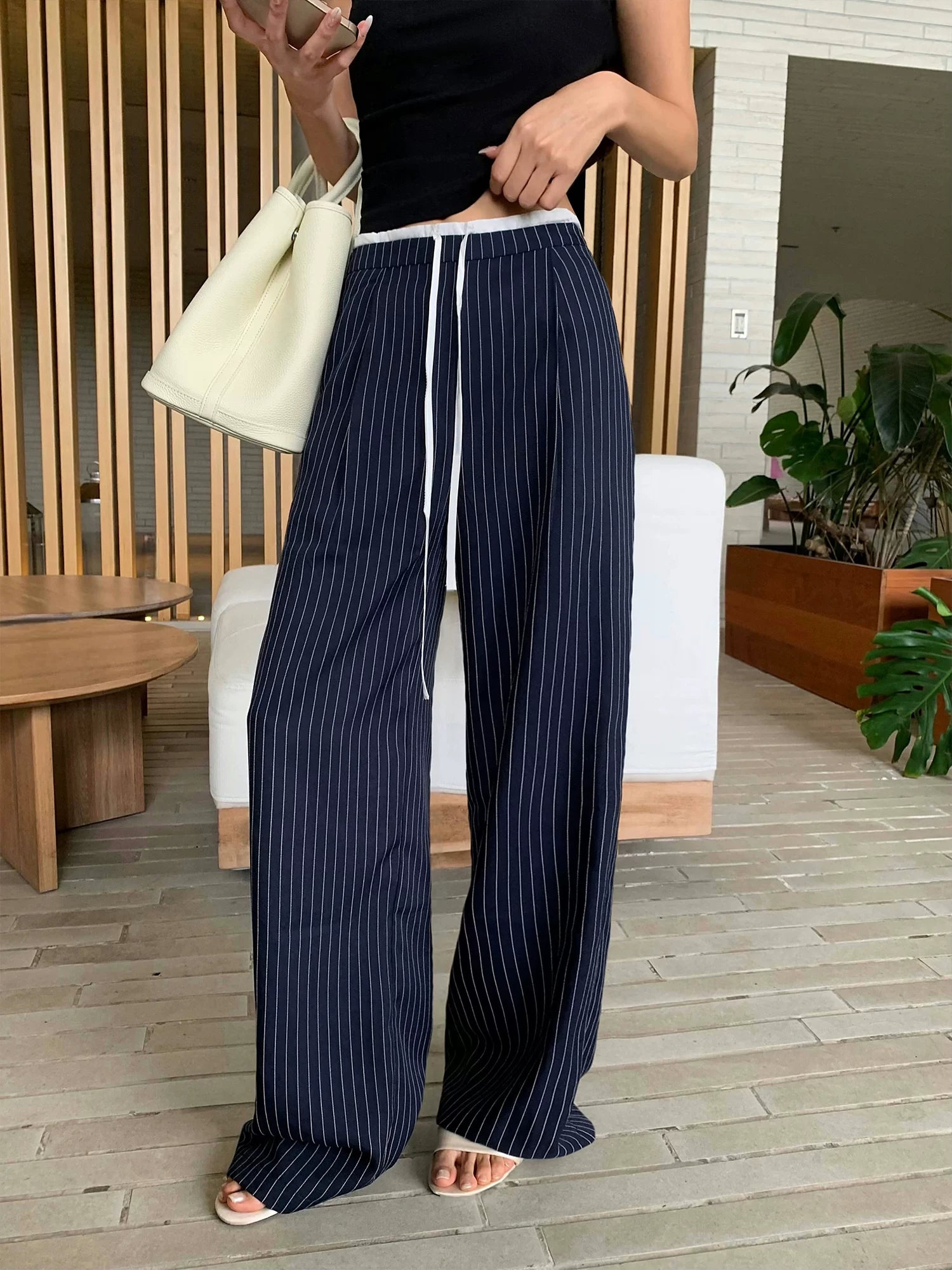 Pinstripe Drawstring Wide Leg Pants