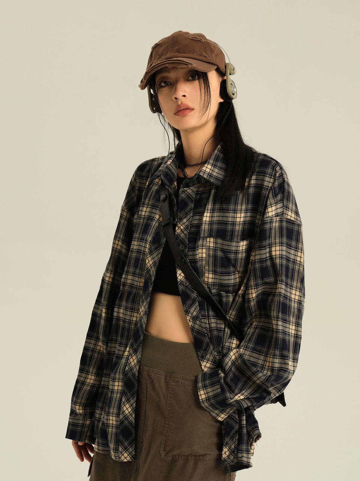Oversized Navy Plaid Button Up Shirt