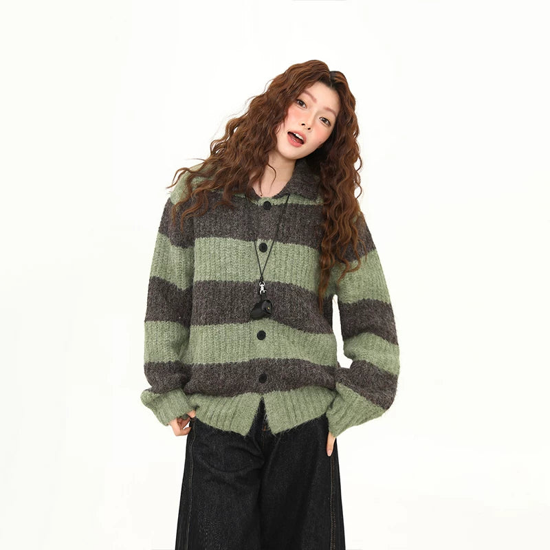 Midnight Haze Wide-Stripe Fuzzy Cardigan