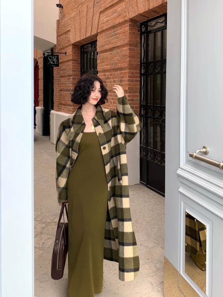 Olive Green Plaid Button-Up Wool Coat