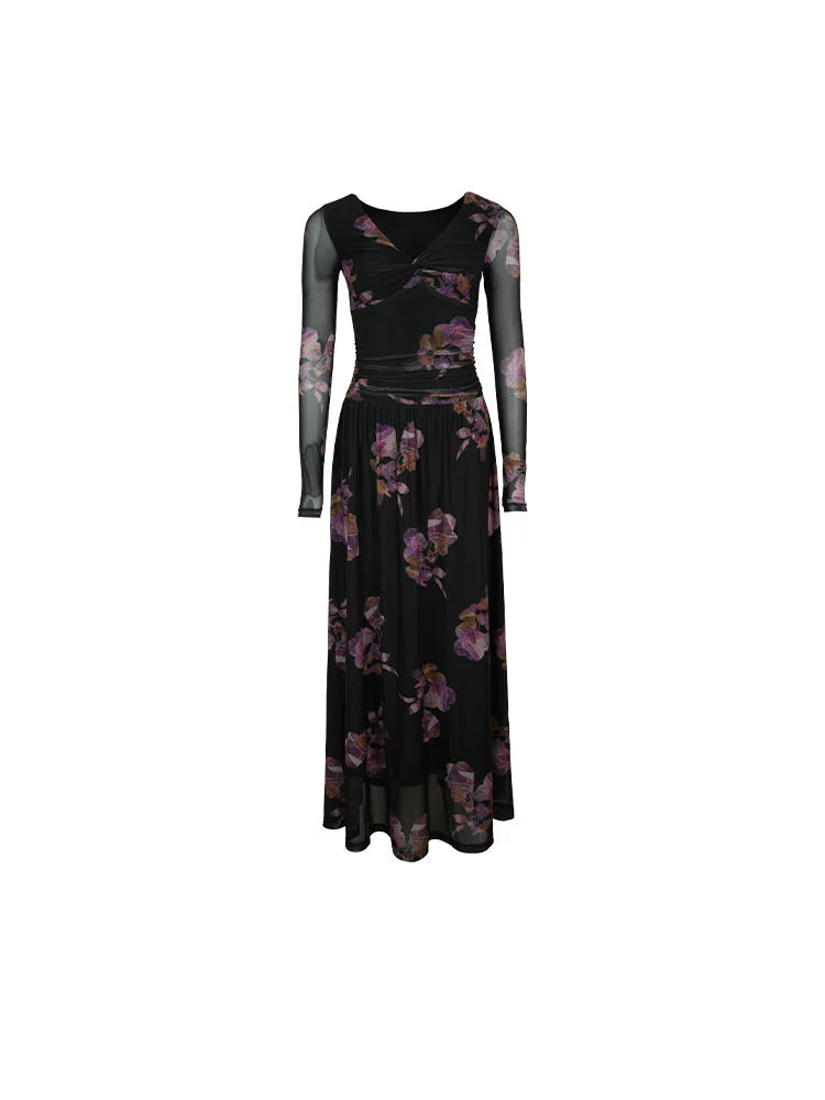 Mesh Floral Maxi Dress with Sheer Sleeves