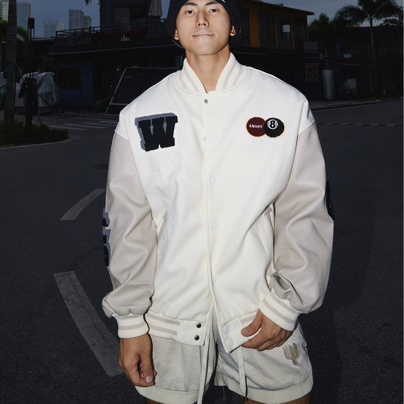 Ivory Varsity Patch Bomber Jacket