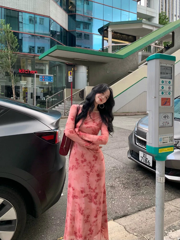 Floral Long Sleeve Maxi Dress and Suspender Set