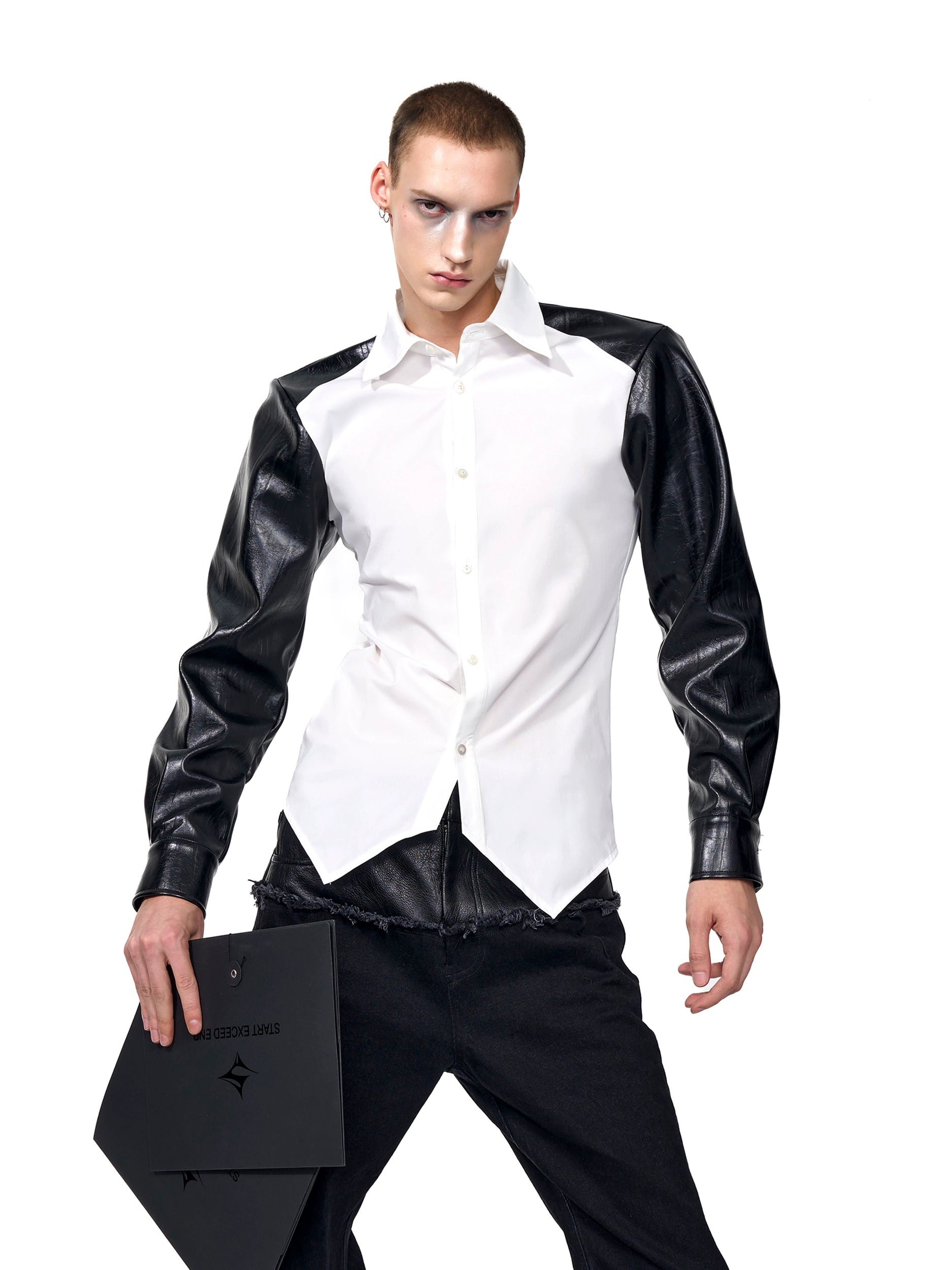 White Shirt with Black Faux Leather Sleeves