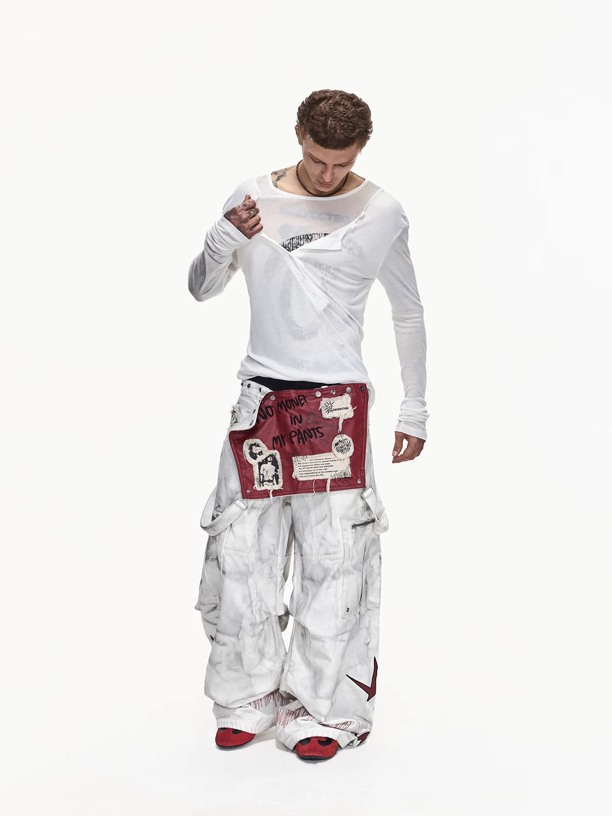 Detachable Apron Wide-Leg Cargo Pants - model front view