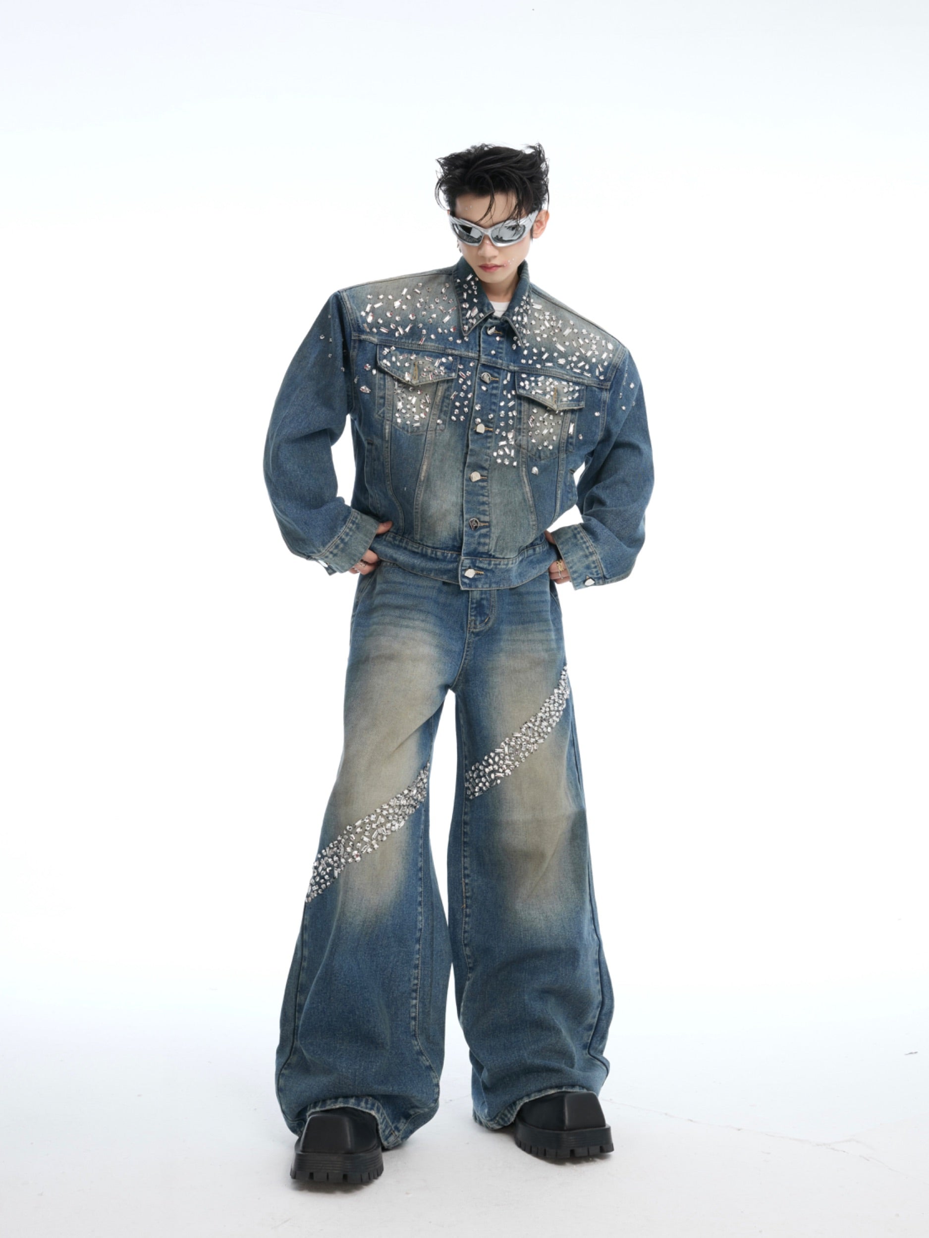 Crystal-Embellished Structured Denim Jacket