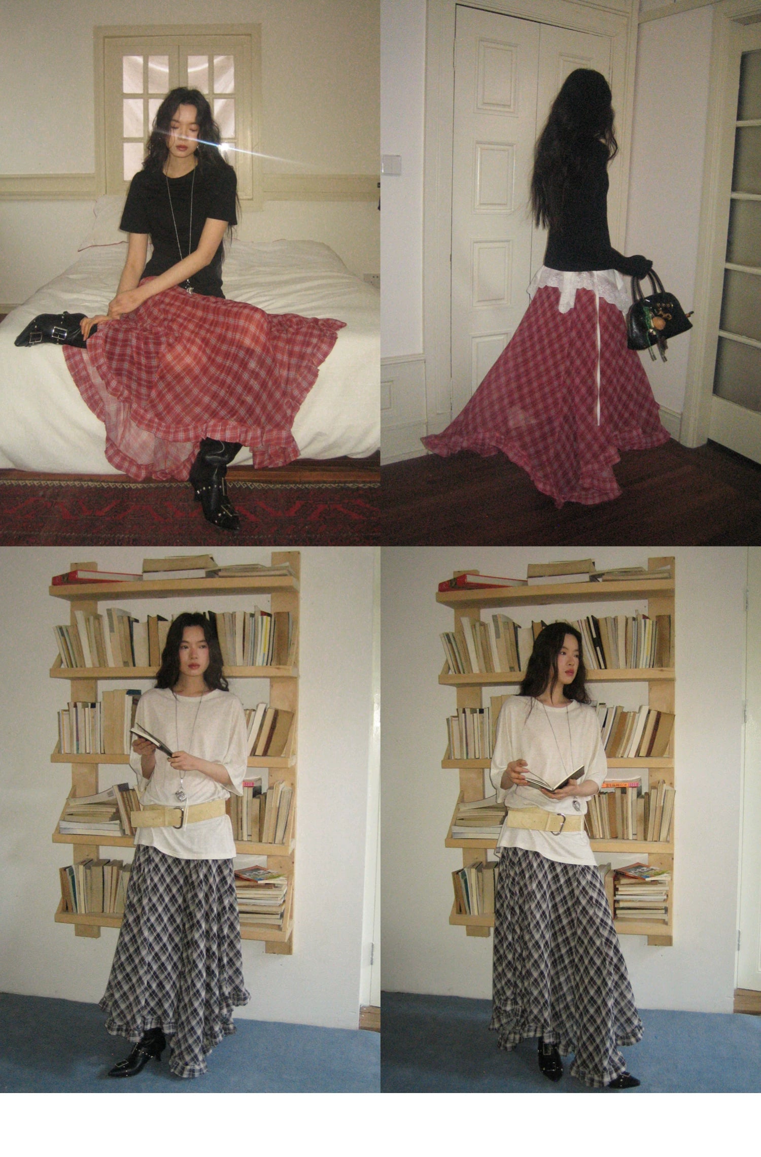Plaid Chiffon Asymmetric Hem Skirt - black plaid walking view