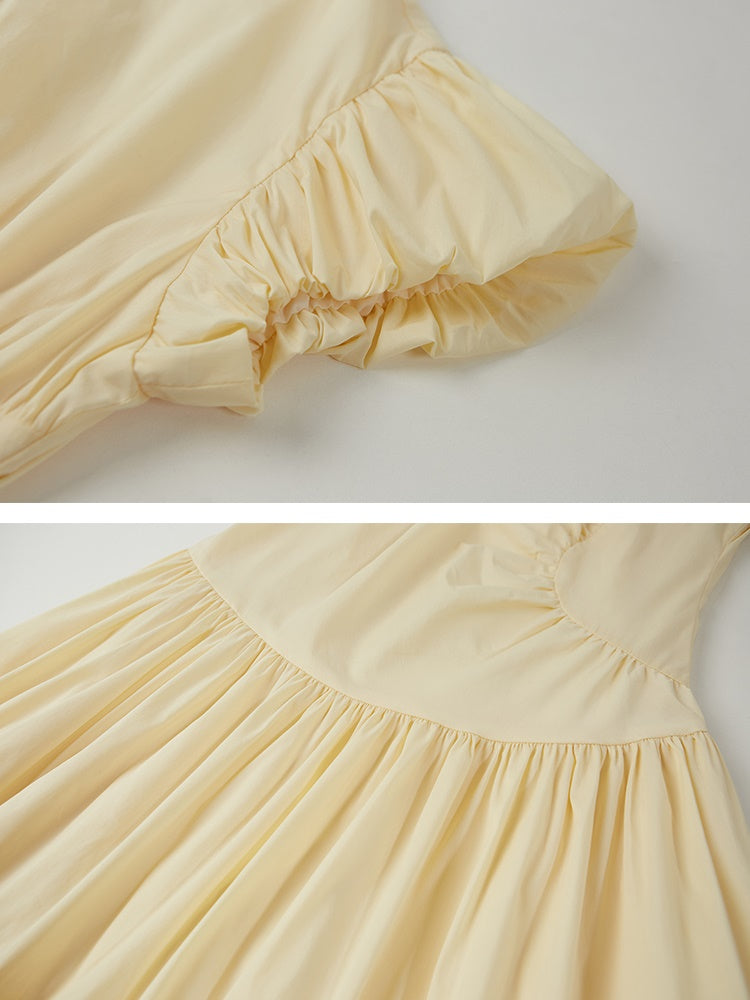 Round Neck Puff Sleeve Long Gather One-Piece - chiclara