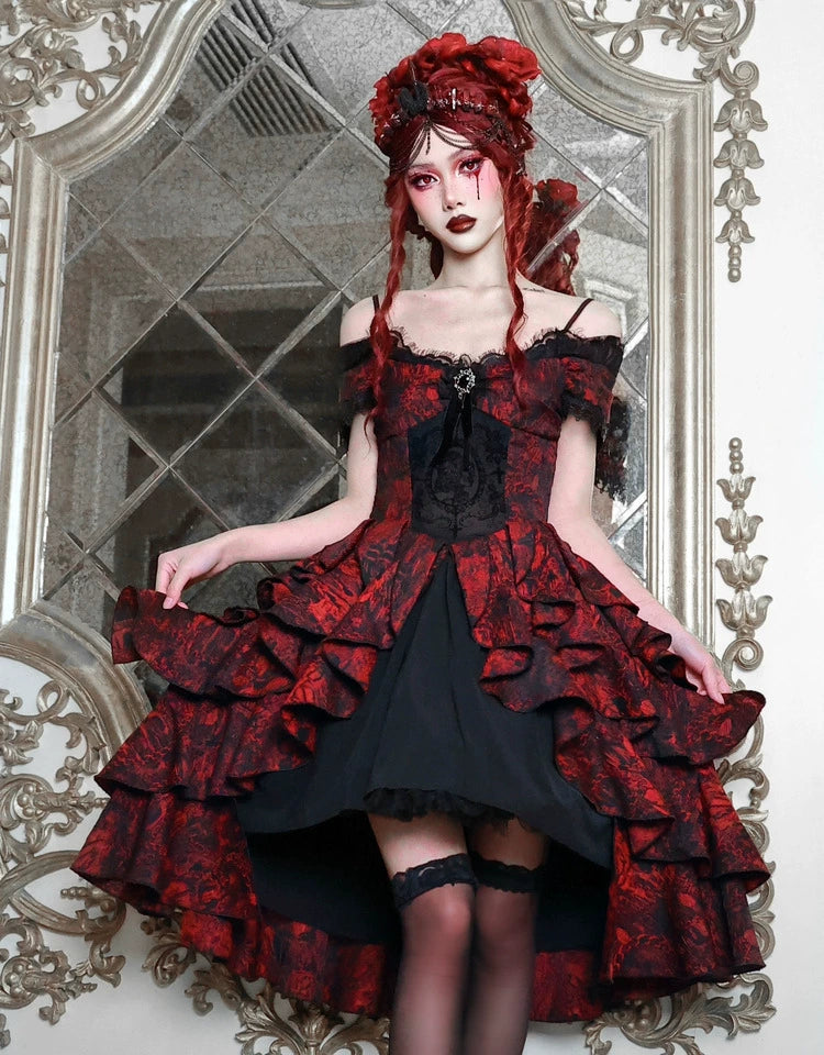 Gothic Red Layered Ruffle Ball Dress
