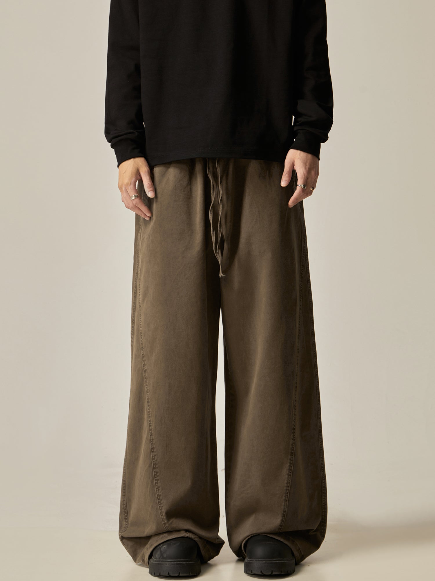 Brown Loose Drawstring Wide Pants