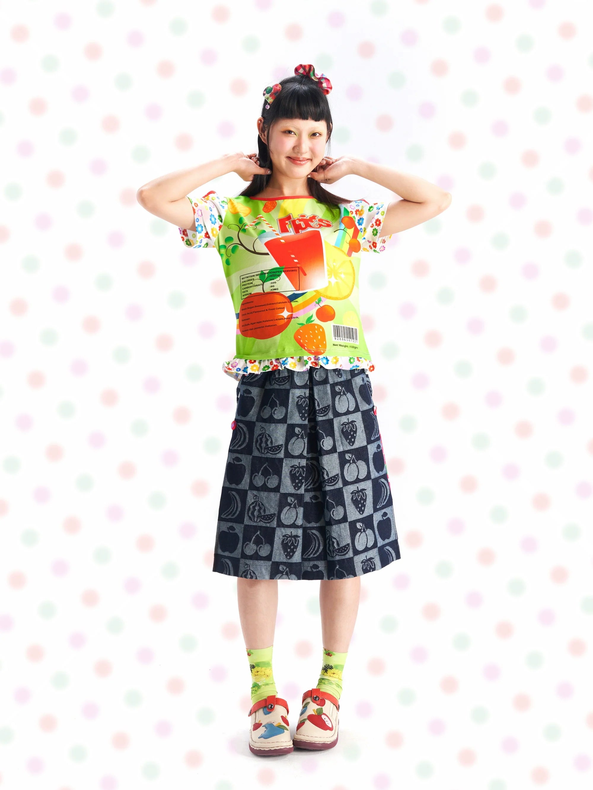 Checkered Fruit Print Midi Skirt