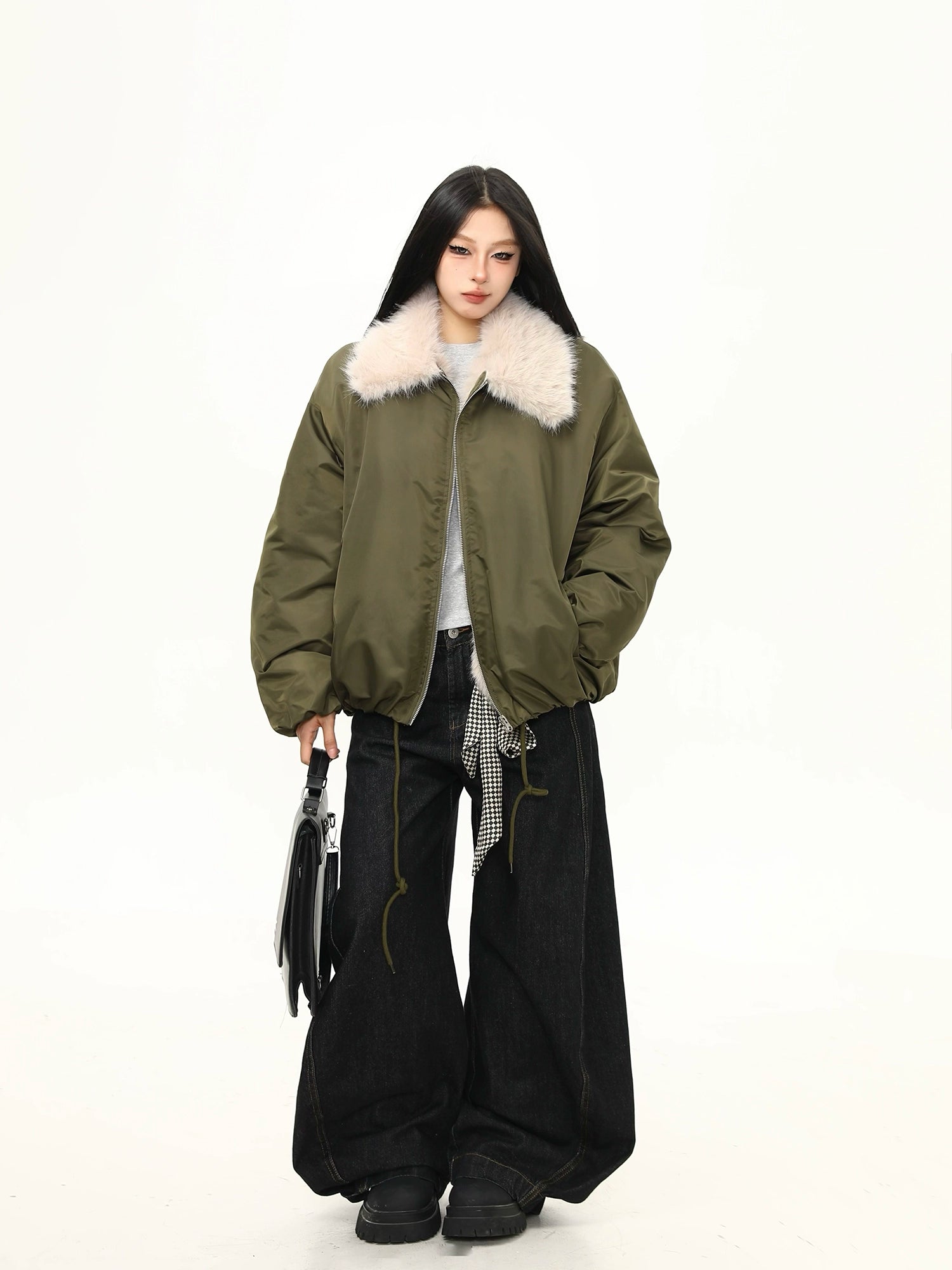 Olive Frost Faux Fur Collar Bomber Jacket